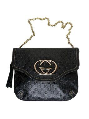 Gucci Britt Guccissima Black Leather Logo GG Tassel Hobo Bag w/ Chain Strap